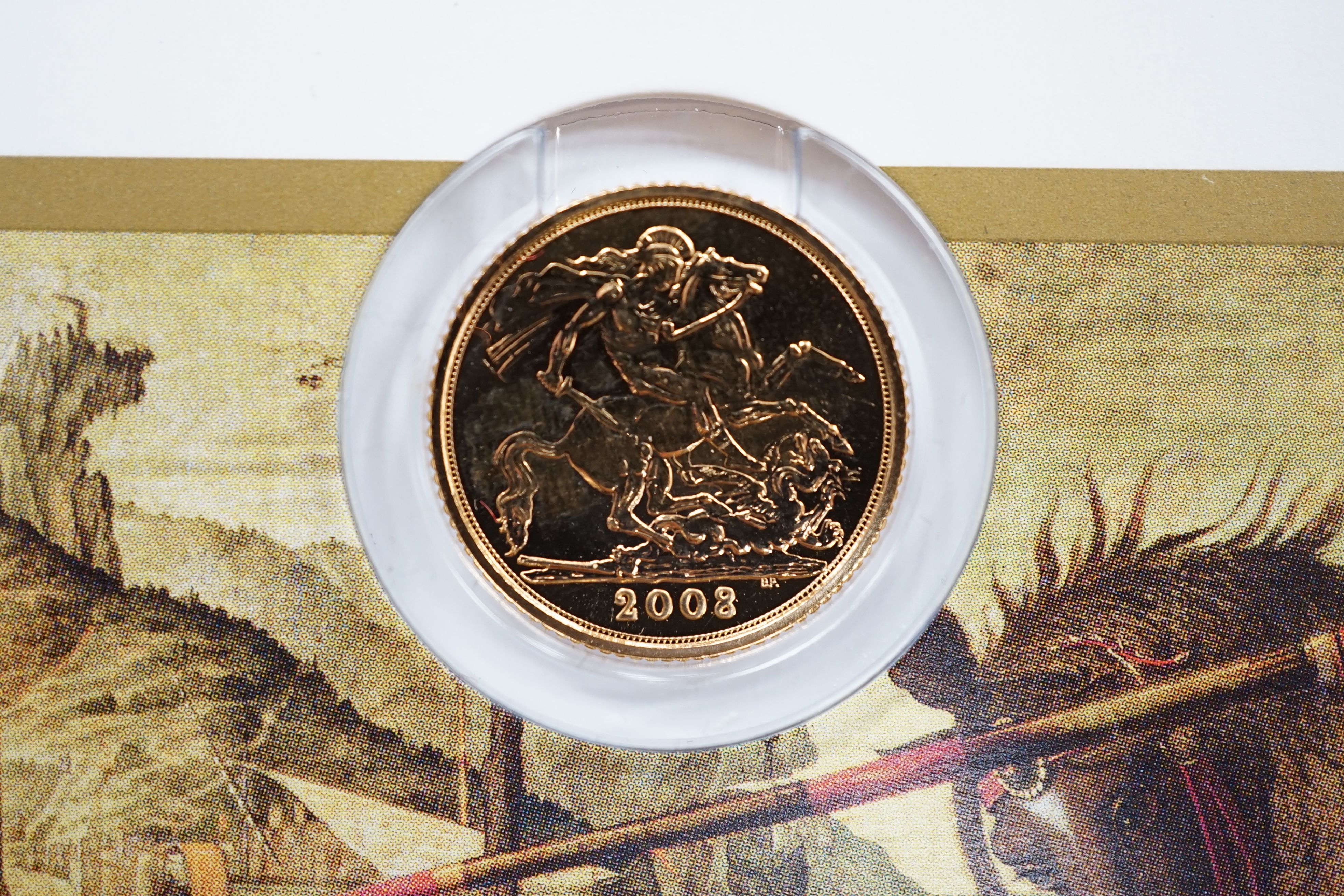British gold coins, Elizabeth II, 2008 gold bullion half sovereign St. George & The Dragon, BUNC, Royal Mint card